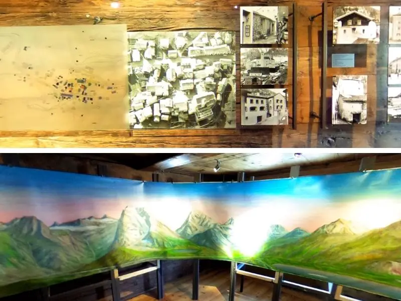 Photos of Simplon Dorf and panorama painting of the mountains inside Museo Sempione, Brig, Switzerland