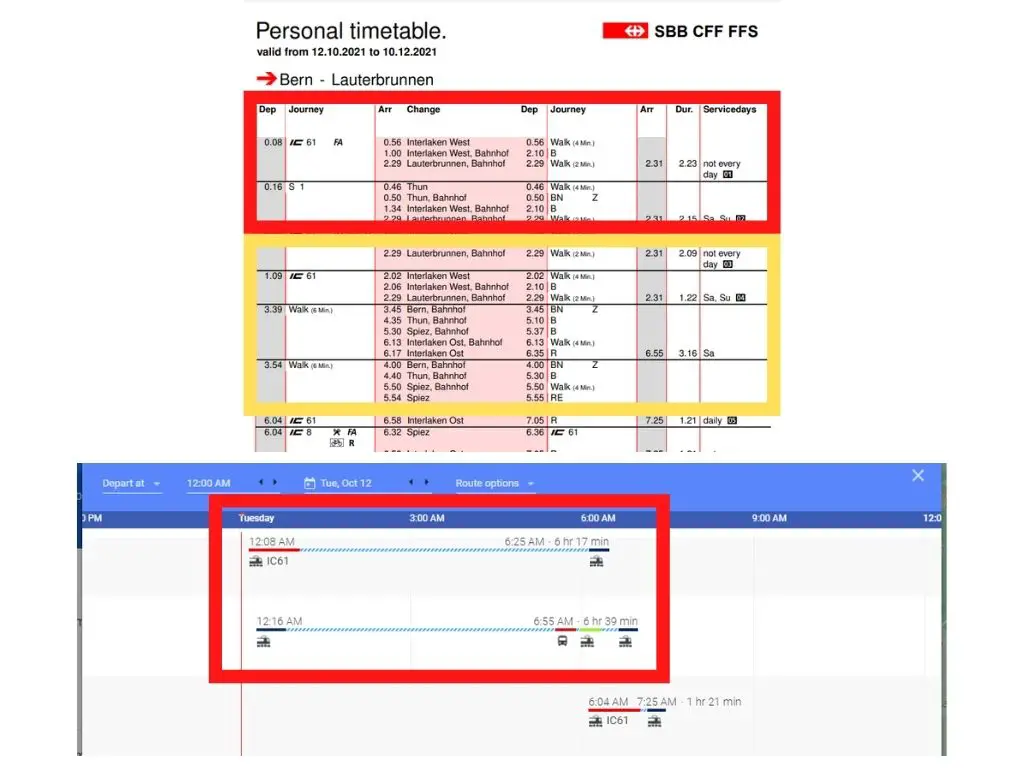 SBB vs Google Schedule Explorer - Missing schedules