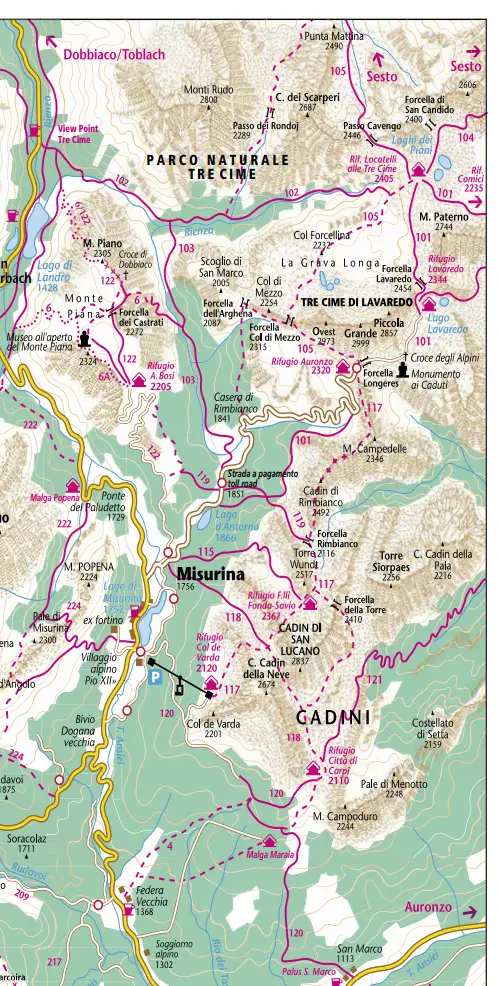 Cortina d'Ampezzo Map Trail 101 to 122