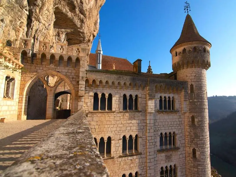 Rocamadour, France - View of the tower of the Sanctuaries from the balcony