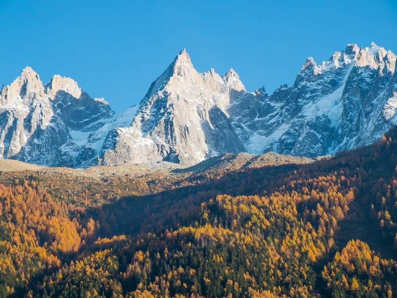 Chamonix France, Drone shot of Mont Blanc massif and of the forest with autumn colors