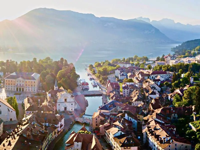 Annecy France, Drone shot of the historic center, its canals, houses, and scenery
