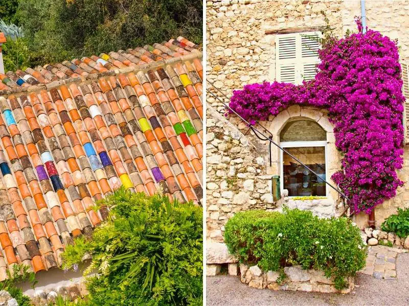 Saint-Paul-de-Vence France, Pastel colored roof (left), purple flowers all over the window of a shop (right)