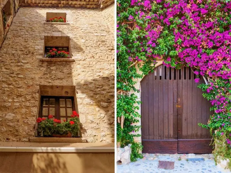 Saint-Paul-de-Vence France, Beautiful flowers in the windows (left), Gate covered with flowering vines (right)