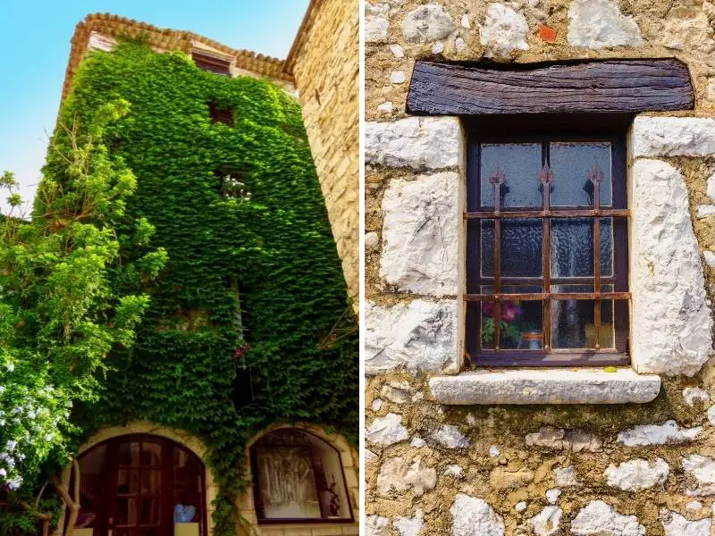 Saint-Paul-de-Vence France, a building covered with vines (left), medieval style window railing (right)