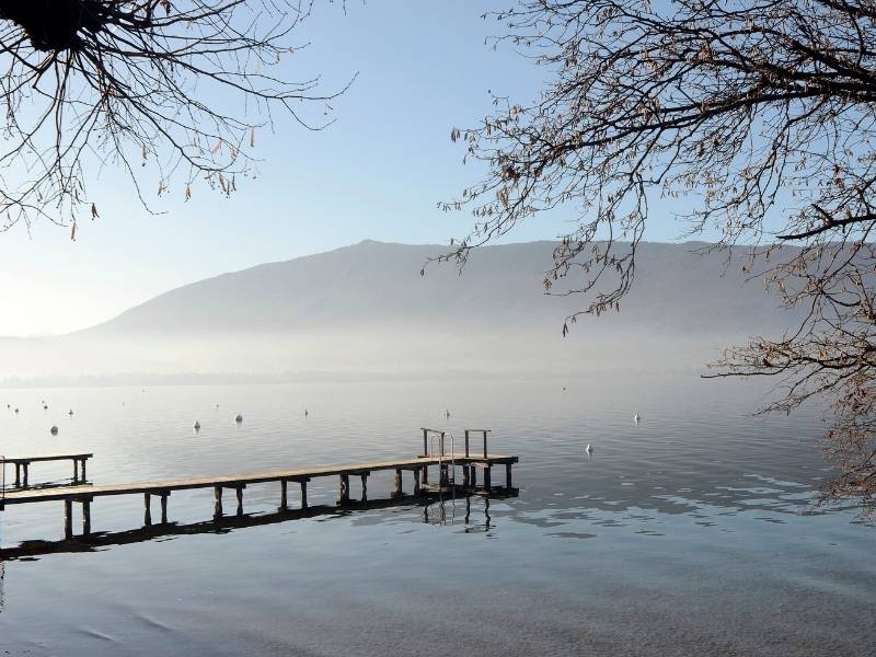 Annecy France, View of the lake during a misty morning