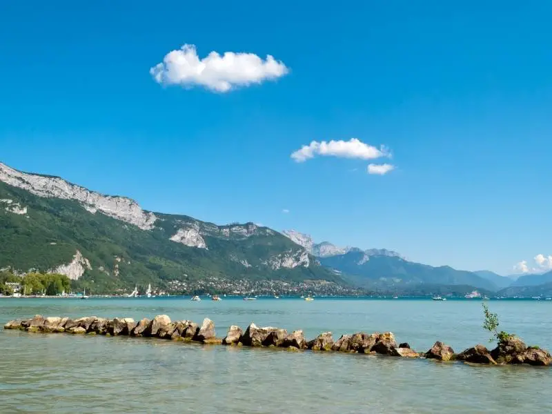 Annecy France, View of Mont Veyrier from the beach in Lake Annecy