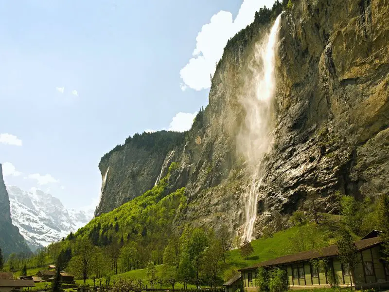 Lauterbrunnen Switzerland, Close-up view of Staubbach waterfalls
