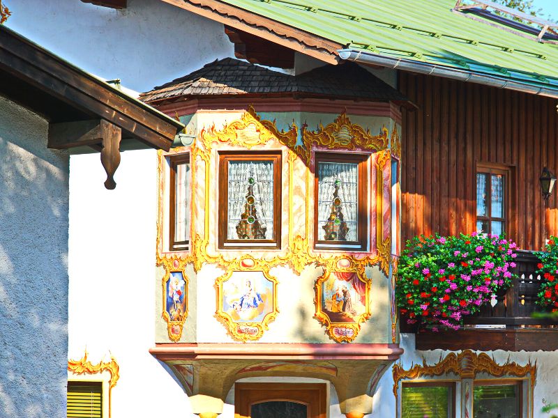 Oberammergau Germany, Murals and flowers in the chalets
