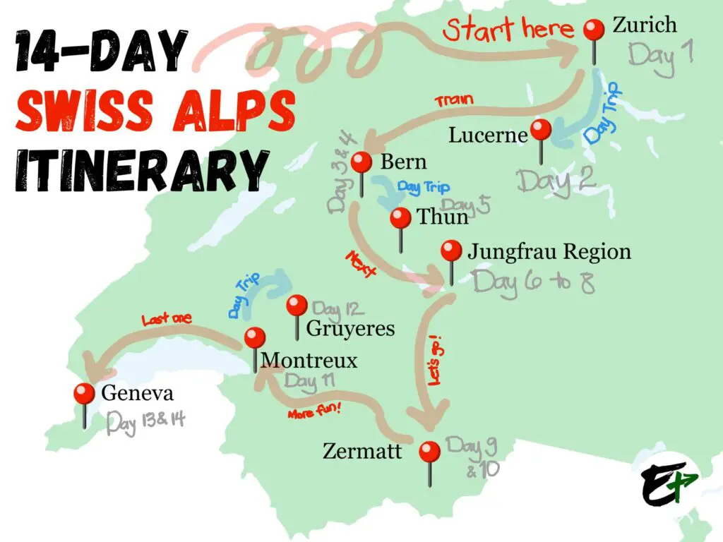 Map of Switzerland 14-day Itinerary, Zurich, Lucerne, Bern, Thun, Jungfrau Region, Zermatt, Montreux, Gruyeres, and Geneva 